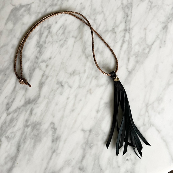 Handcrafted Leather Tassel Necklace with Braided Cord & Brass Eye Charm - Picture 5 of 5